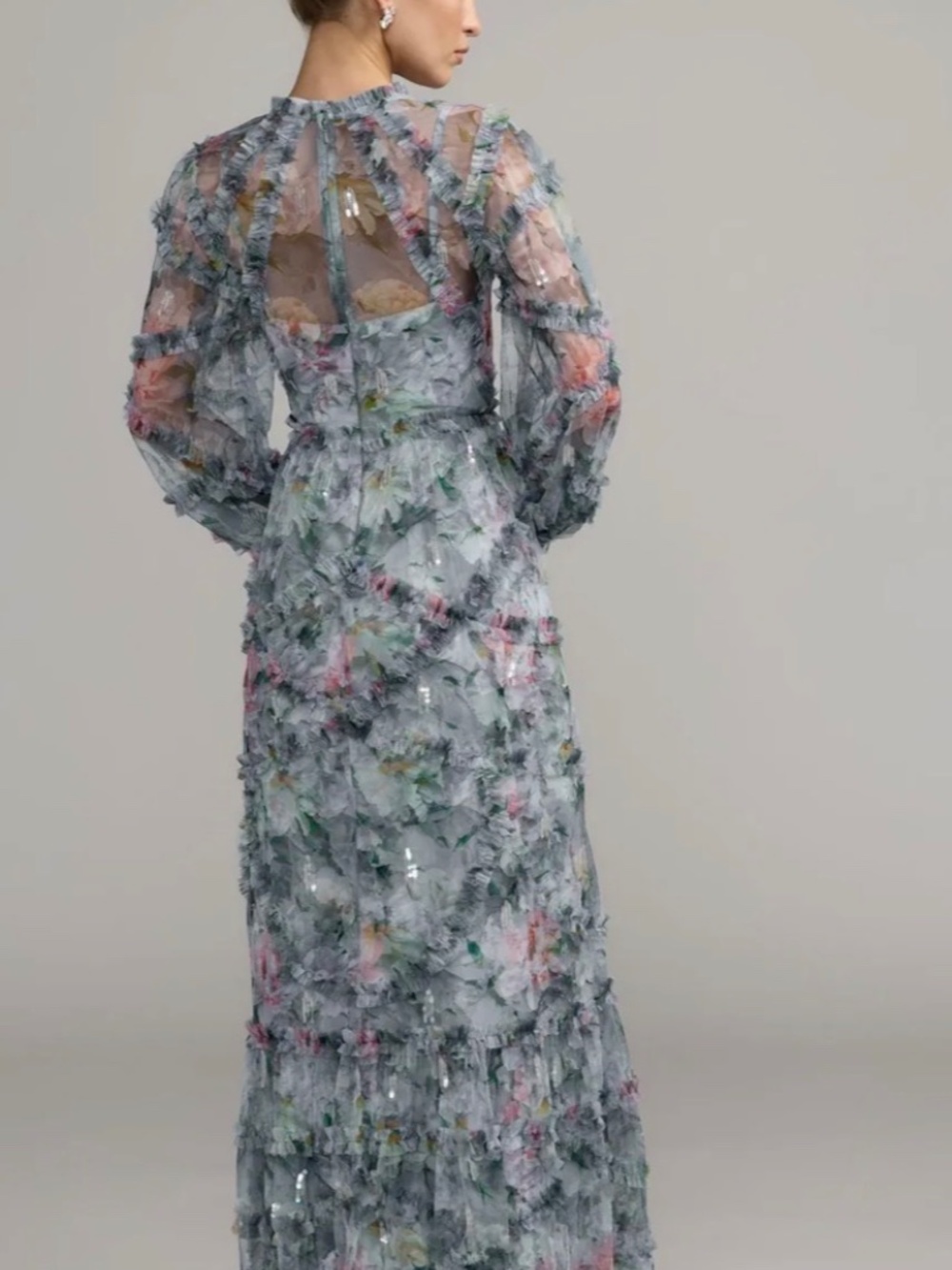 Mac Duggal Long Sleeve Blue Floral Ruffle Maxi Dress 8098 - Picture 2 of 9